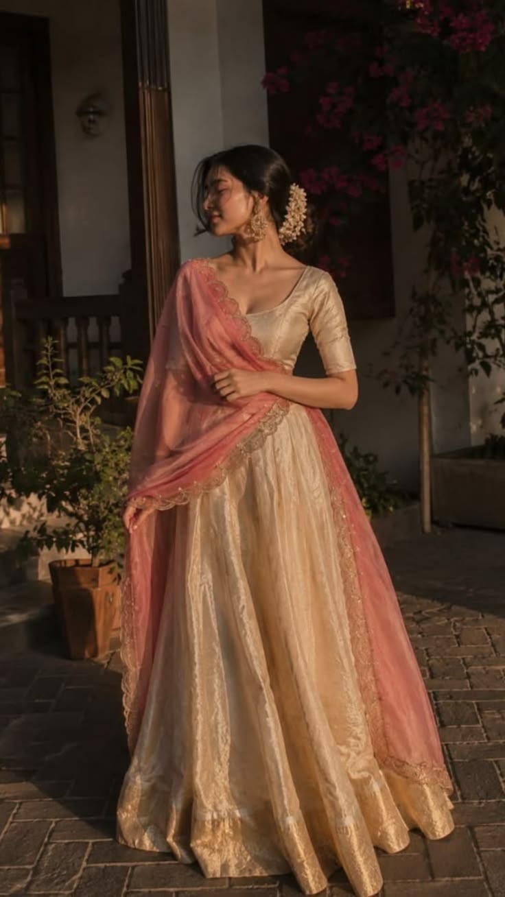 Gold tissue lehenga with rose dupatta — traditional Indian wear at Sage Thread Bangalore