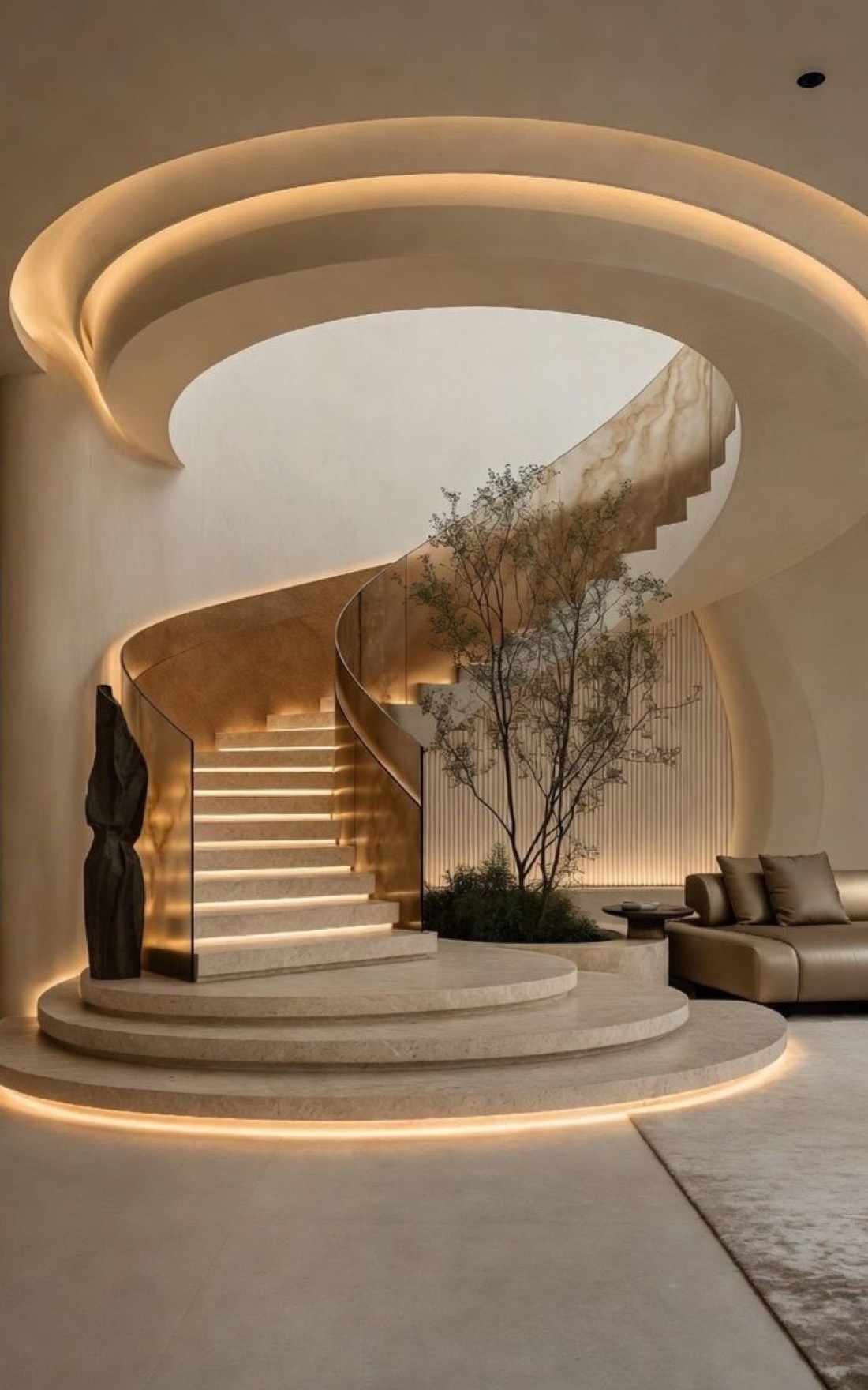 A sculptural curved marble staircase lit from beneath in a travertine-walled interior — Sage Thread natural stone