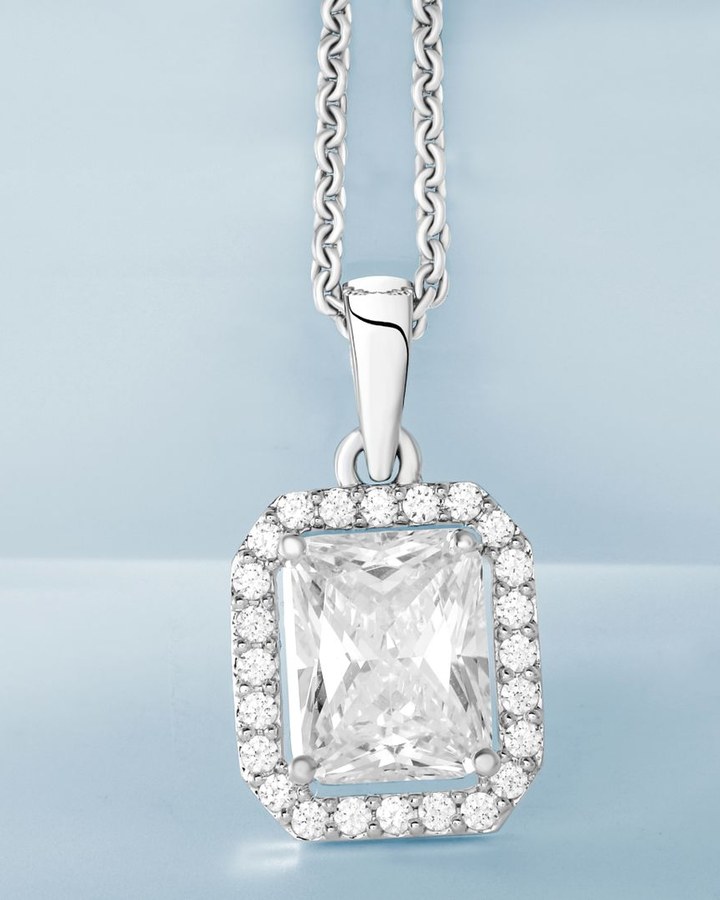 Emerald-cut diamond halo pendant necklace in white gold — fine jewellery at Sage Thread Boutique Bangalore