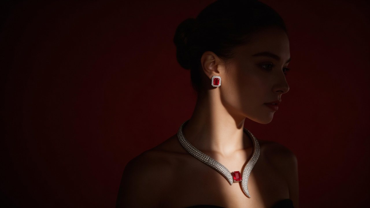 Model wearing a ruby and diamond necklace and earrings — high jewellery at Sage Thread Boutique Bangalore