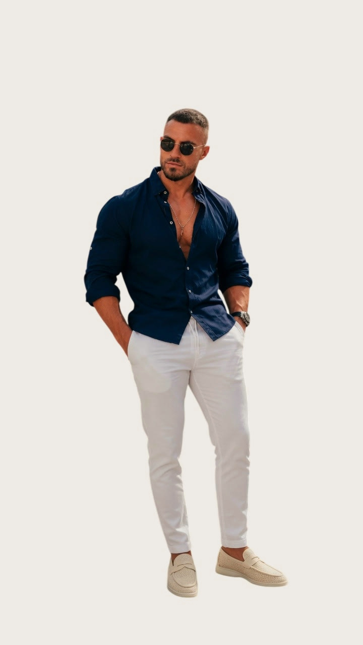 Navy linen shirt with white trousers and suede loafers — men's look styled at Sage Thread Boutique Bangalore